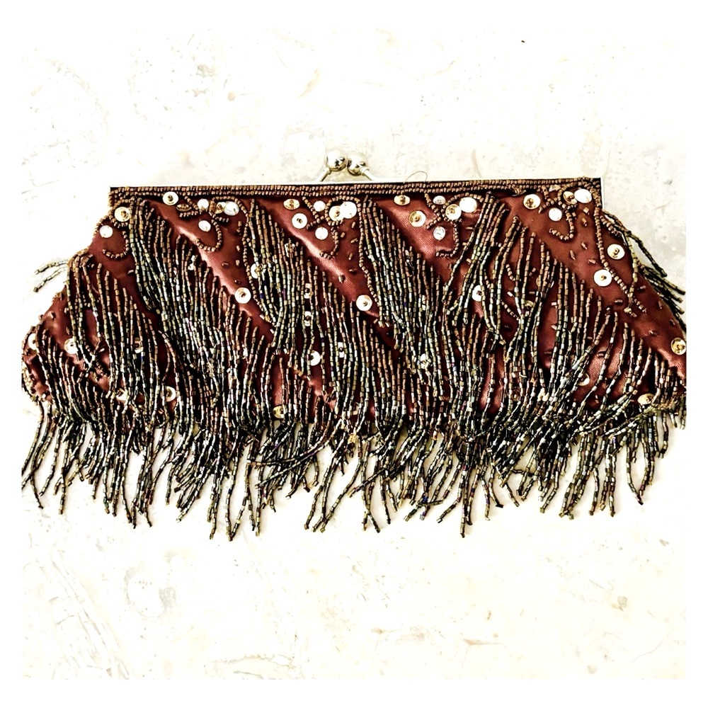Formal vintage evening bag brown satin, sparkling sequins, beads- specia… - Picture 2 of 9